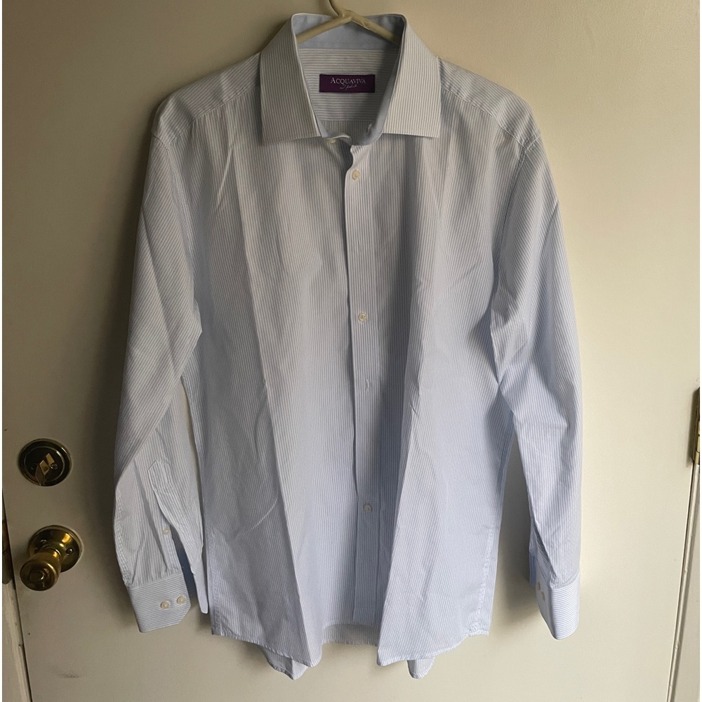 Acquaviva Dress Shirt White thin Blue Stripes 16 neck 32-33